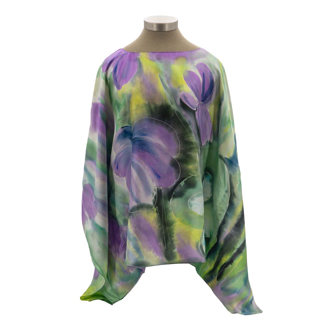 Dragonfly and Purple Flowers Hand-Painted Silk Kaftan