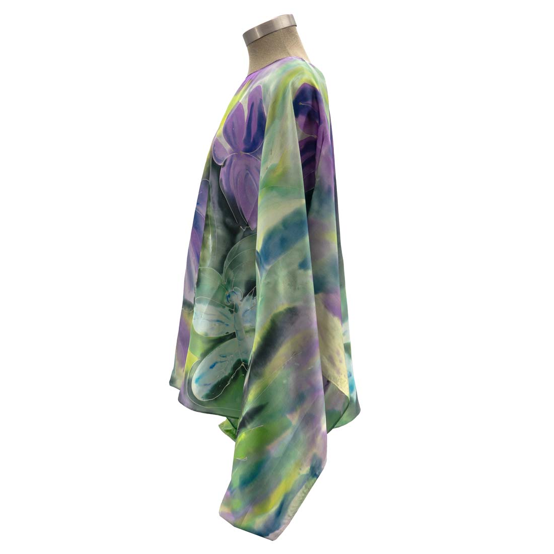 Dragonfly and Purple Flowers Hand-Painted Silk Kaftan